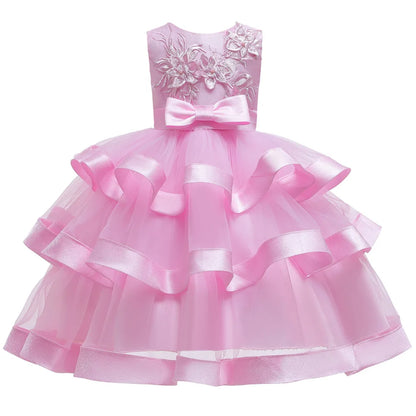 Embroidered Flower Girls Dress Sleeveless Layered Tutu Elegant Girls Dresses