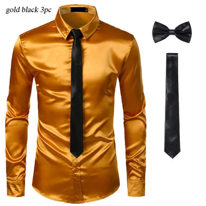 Black Mens Silk Dress Shirts 3Pcs(Shirt +Tie+Bowtie) Smooth Satin Shirt