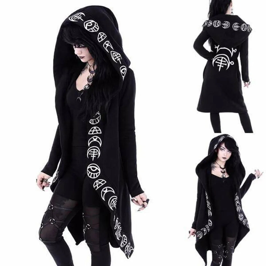 Gothic Punk Black Long Women Hoodies Sweatshirts Moon Print Long Sleeve Hoodie