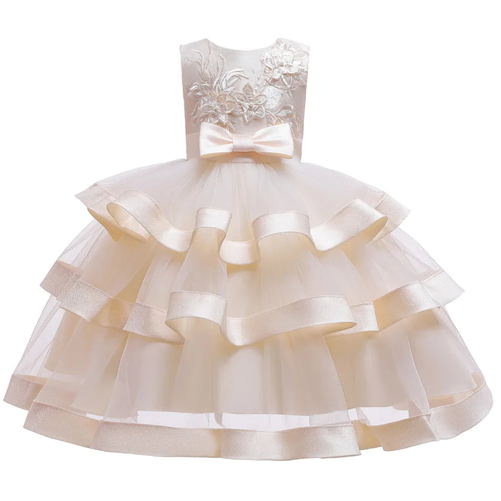 Embroidered Flower Girls Dress Sleeveless Layered Tutu Elegant Girls Dresses