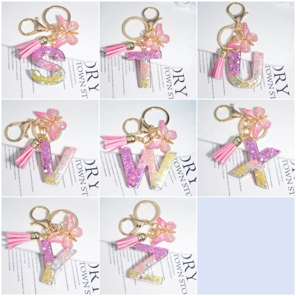 Cute Resin A-Z Initials Letter Keychain Pink Sparkle Butterfly Tassel Pendant