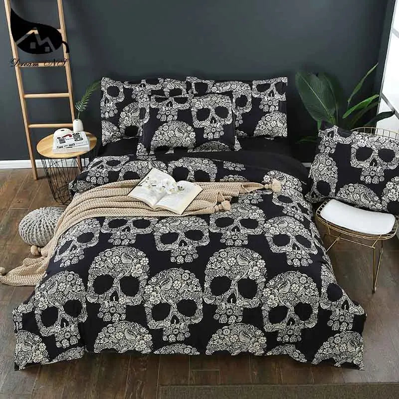 Dream NS Flower Skull Beddings and Bed Sets Black Color Duvet