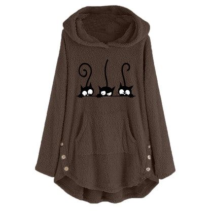 Cardigan Womens Fleece Cat Embroidery Plus Size Warm Oversized Hoodies