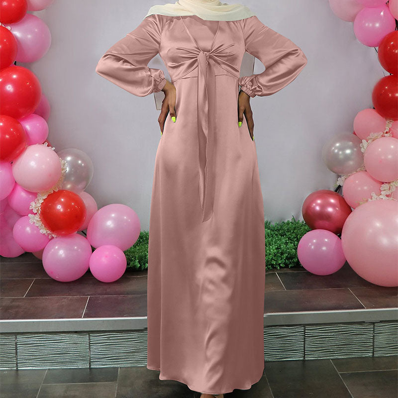 Muslim Women Solid Color Long Sleeve Long Maxi Dress Spring