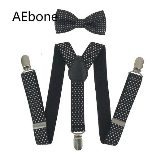 AEbone Fashion Elastic Suspender Kids Brace and Bow Tie Set Black Dot Suspenders