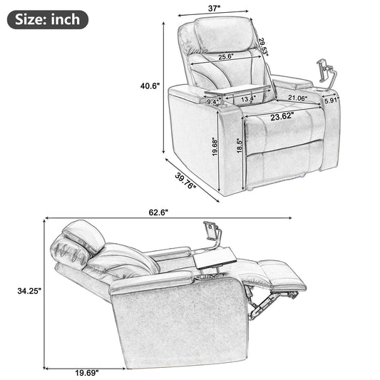 Power Motion Recliner With USB Charging Port and Hidden Arm Storage