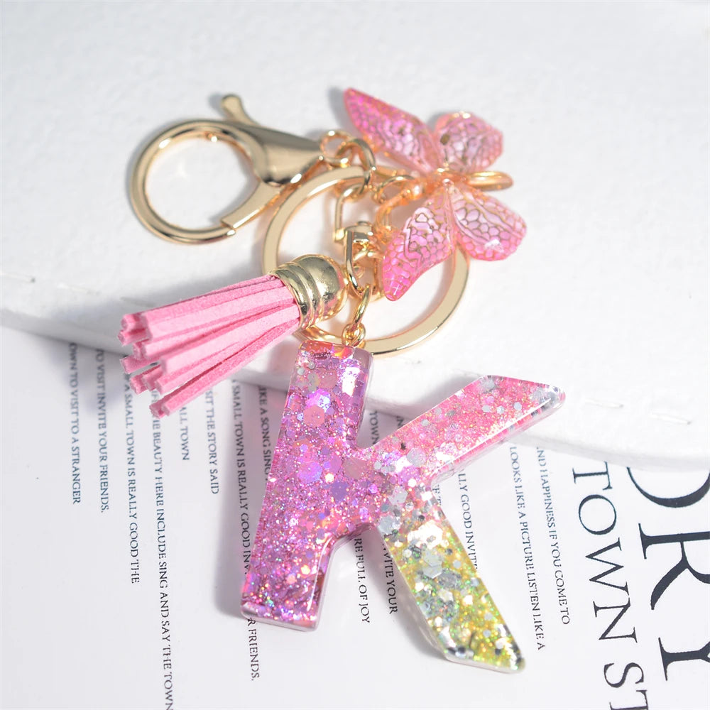 Cute Resin A-Z Initials Letter Keychain Pink Sparkle Butterfly Tassel Pendant