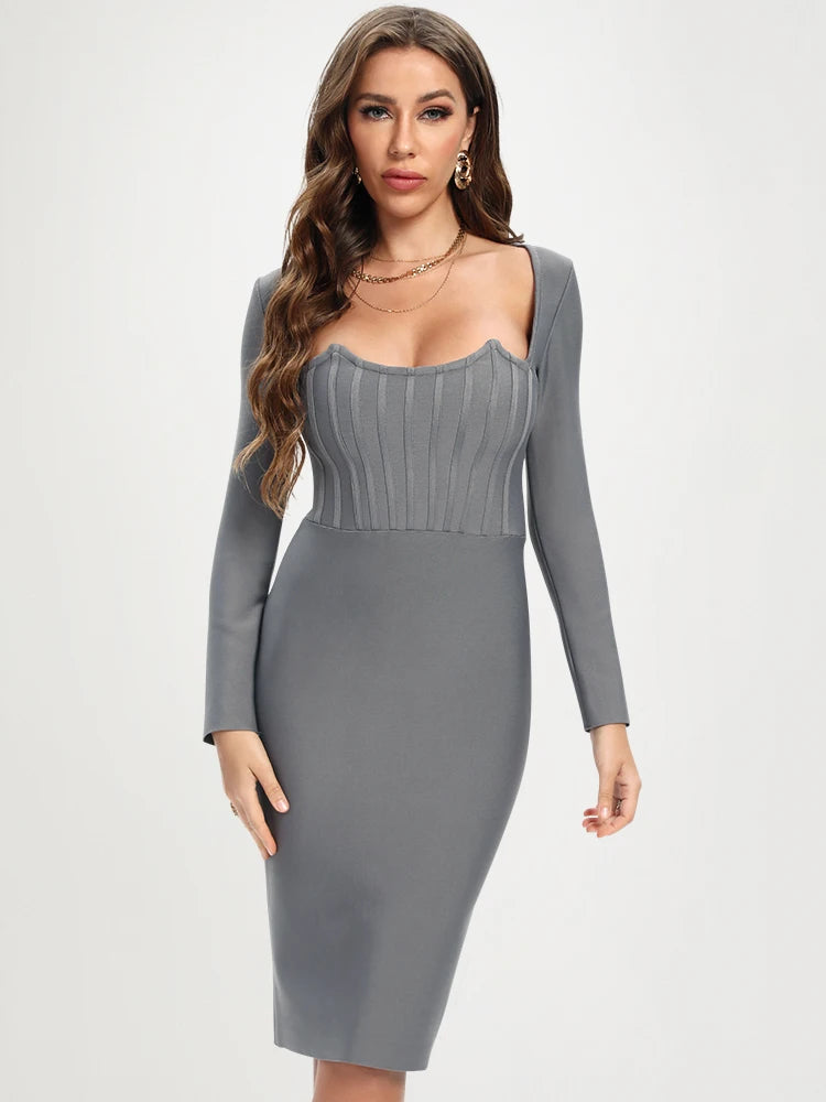 BEAUKEY Sexy Women Grey Long Sleeve  Bandage Dress Knee