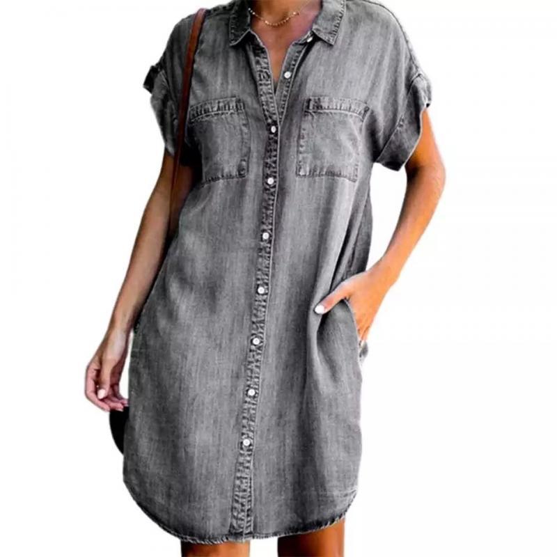 New Short Sleeved Slim Short Dress Women Washed Denim Dress