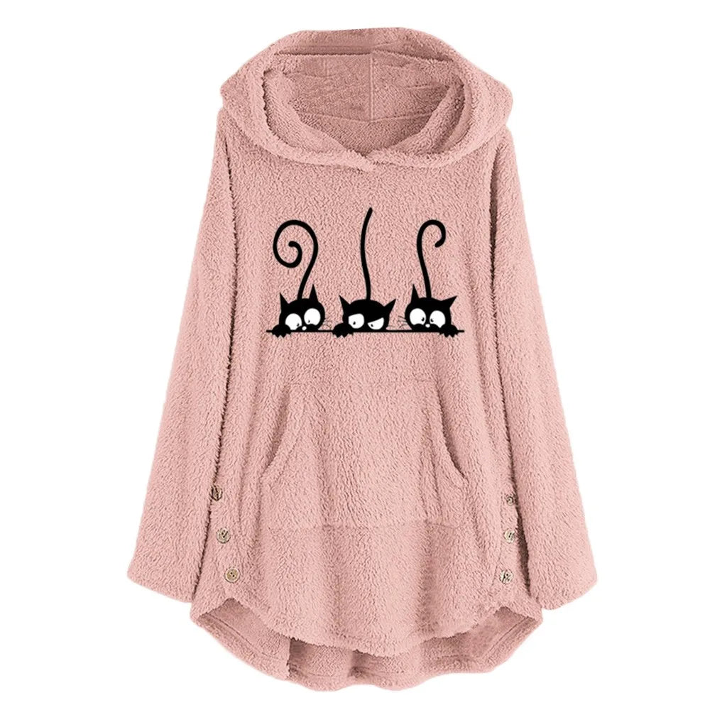 Cardigan Womens Fleece Cat Embroidery Plus Size Warm Oversized Hoodies