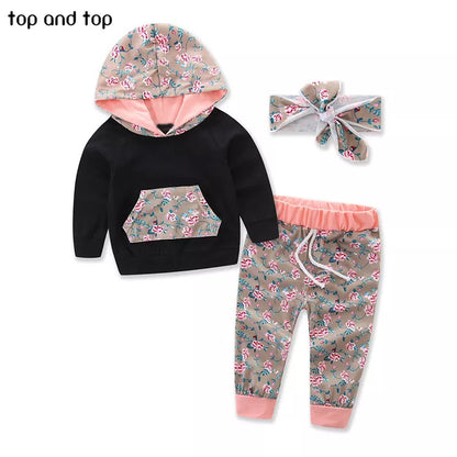 Top and Top Baby Clothing Sets 2017 Winter Sports Floral Hooded Tops Pants