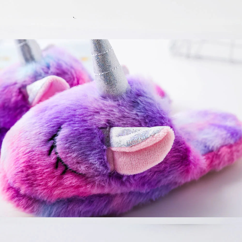 Girls Winter Rainbow Unicorn Slippers Children Cartoon Kigurumi Pajama Shoes