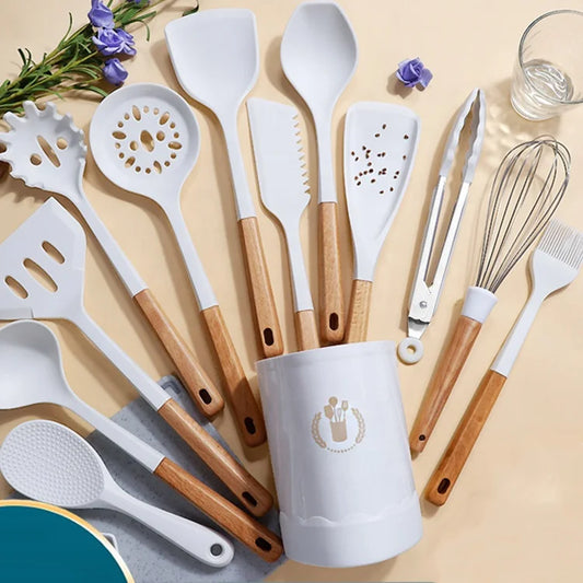 Hot 19-Piece Silicone Kitchen Utensils Set With Wooden Handle Knife Combination