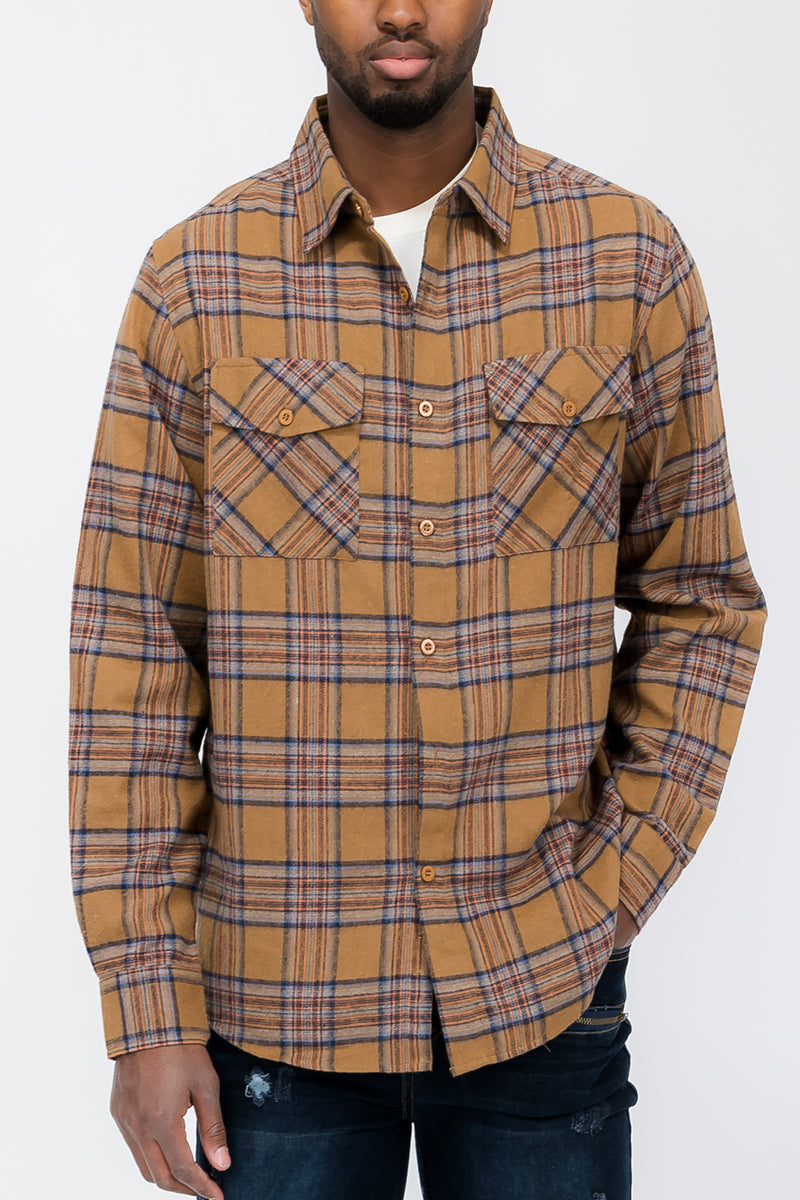 Long Sleeve Checkered Plaid Brushed Flannel