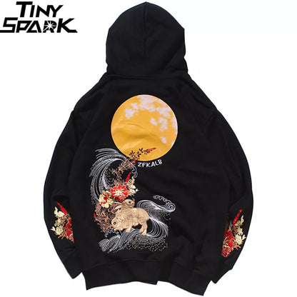 2023 Men Hip Hop Hoodie Sweatshirt Embroidered Floral Full Moon Rabbit Pullover