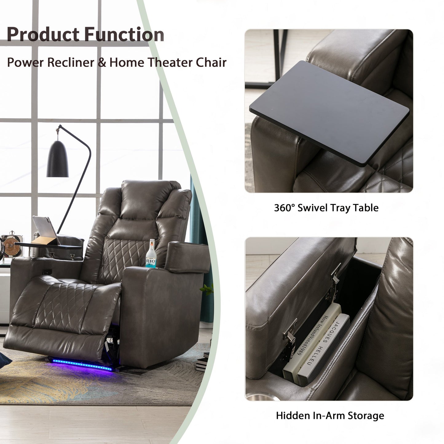 Power Motion Recliner With USB Charging Port and Hidden Arm Storage