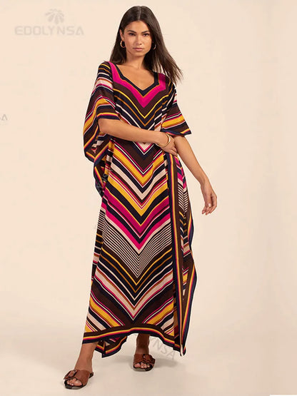 2023 Elegant Striped Kaftan V-Neck Half Sleeve Maxi Dress