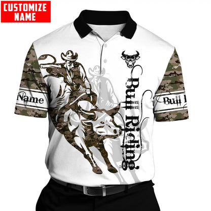 Personalized Name Bull Riding 3D All Over Printed Mens Polo Shirt