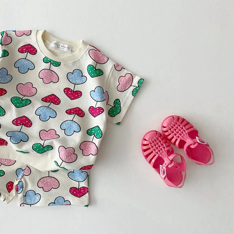 New Kids Baby Cute Balloon Print Clothing Sets Girls Boys Cotton Short