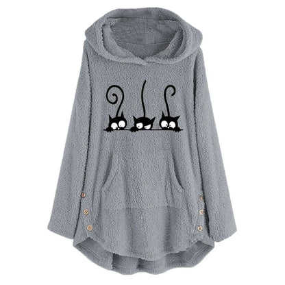 Cardigan Womens Fleece Cat Embroidery Plus Size Warm Oversized Hoodies