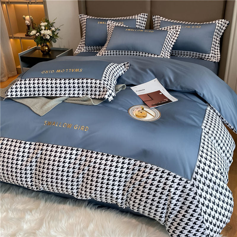 Royal Blue Modern Grid Flat Bed Sheet Bedding Set