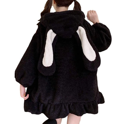 Kawaii Hoodies Women Lambswool Oversized Bunny Ears Long Sleeve