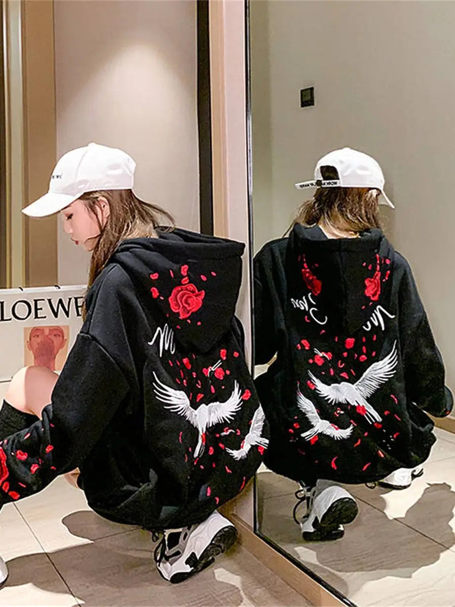 White Female Loose Sweatshirts Long Sleeve Cute Bird Print Harajuku Hoodie