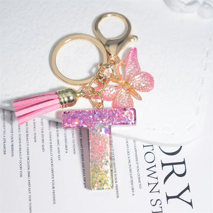 Cute Resin A-Z Initials Letter Keychain Pink Sparkle Butterfly Tassel Pendant