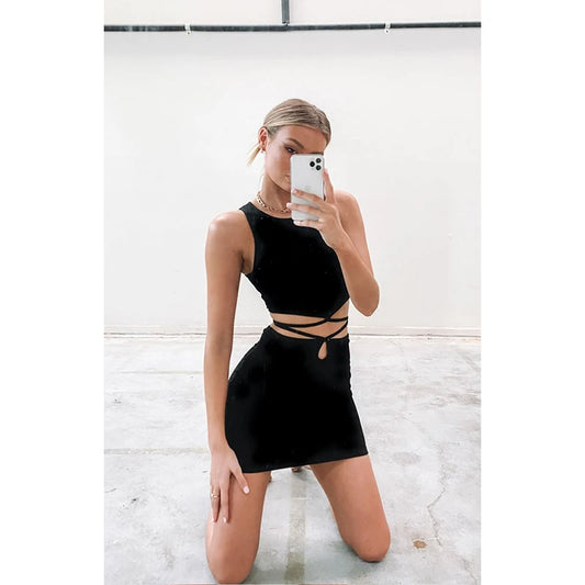 String Mini Skirt Black Solid Tie Waist Bodycon Skirt Black Skirt With Straps