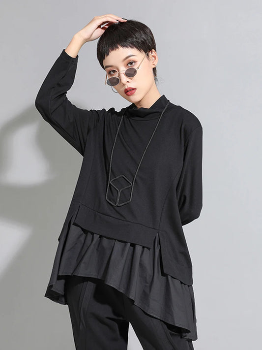 [EAM] Loose Fit Asymmetrical Ruffles Sweatshirt New High Collar Long Sleeve