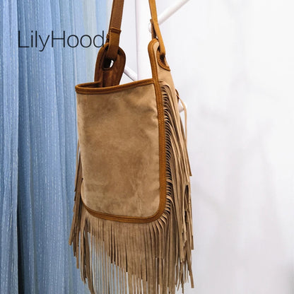 Women Fashion Leather Fringes Hobo Shoulder Bag 2024 Female Casual Suede Big