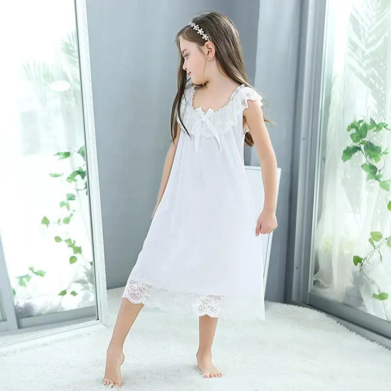 Summer Children's Girls Dress Sleepwear White Lace Cotton Princess Vintage