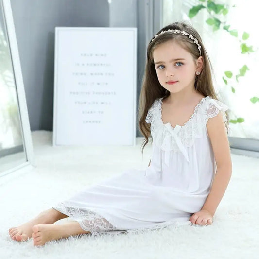 Summer Children's Girls Dress Sleepwear White Lace Cotton Princess Vintage