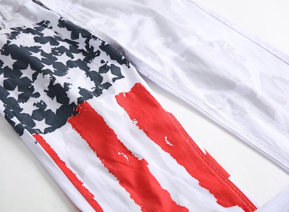 Men Casual American USA Flag Printed Jeans Graffiti Print White Hip-Hop Pants