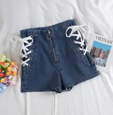 Spring Autumn Women Jeans Shorts Tie High Waist Denim Shorts