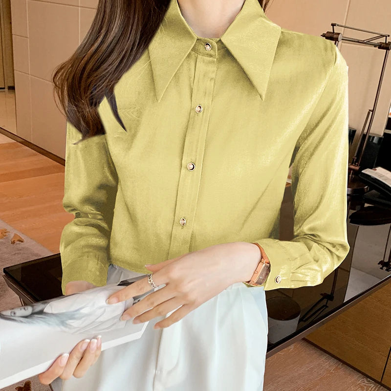 Korean Silk Women Shirts Satin Blouses Women Long Sleeve Shirts