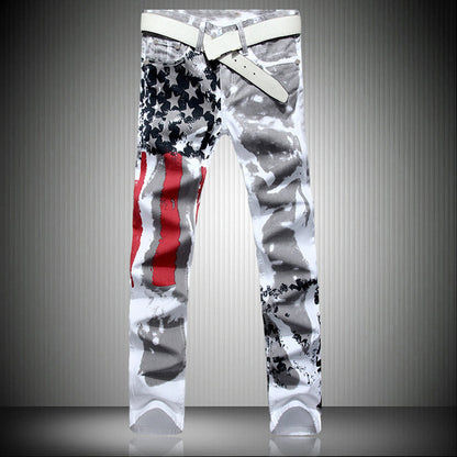 Men Casual American USA Flag Printed Jeans Graffiti Print White Hip-Hop Pants