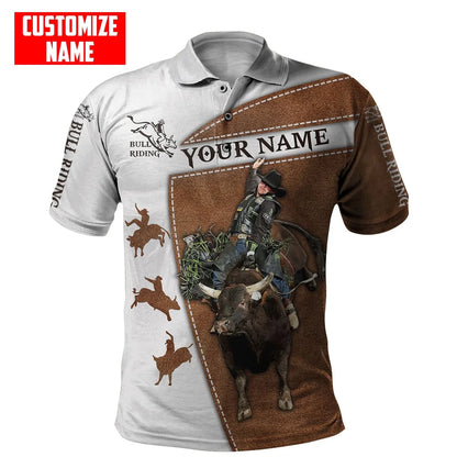 Personalized Name Bull Riding 3D All Over Printed Mens Polo Shirt