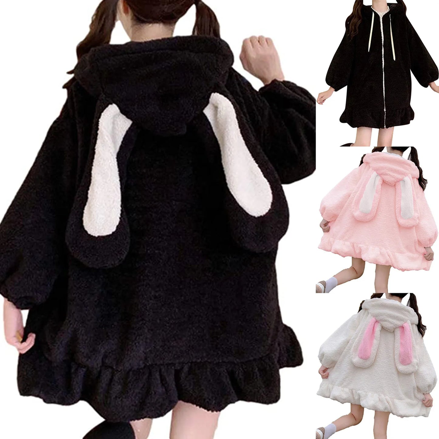 Kawaii Hoodies Women Lambswool Oversized Bunny Ears Long Sleeve