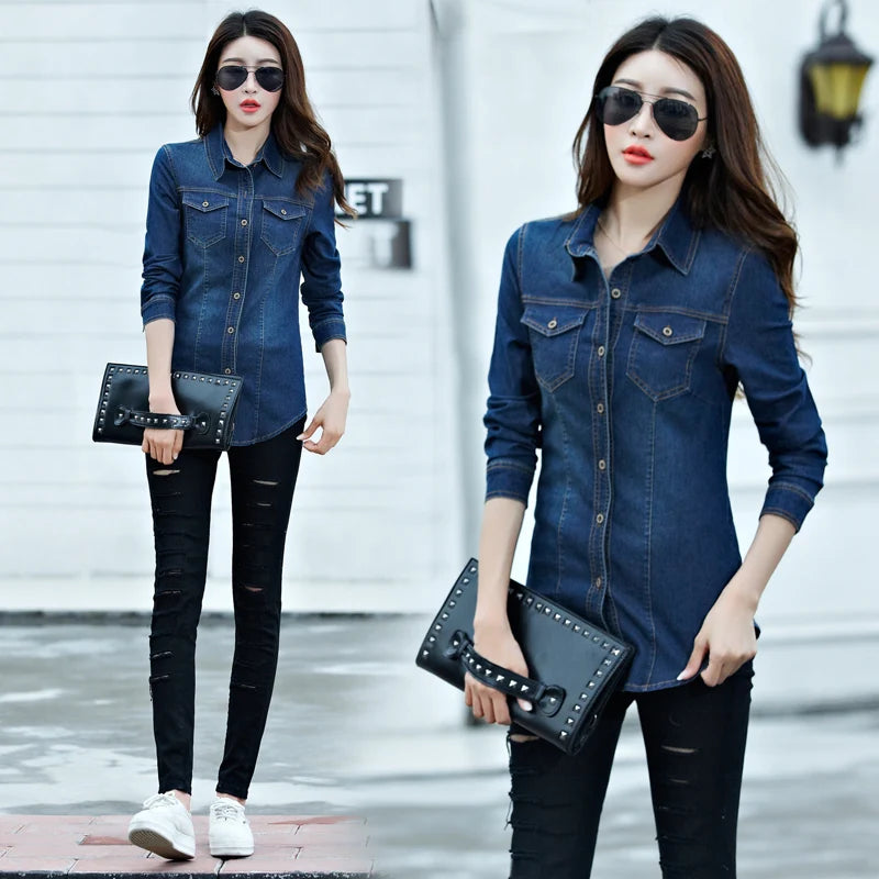 Jeans Shirt Women Long Sleeve Slim Casual Vintage Elastic Ladies Denim Shirts