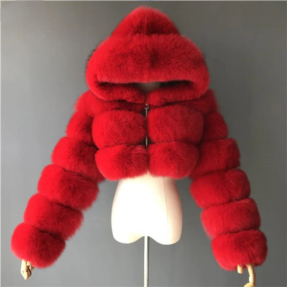 Winter Women Faux Fox Fur Thick Warm Full Sleeves Hooded Short Jacket