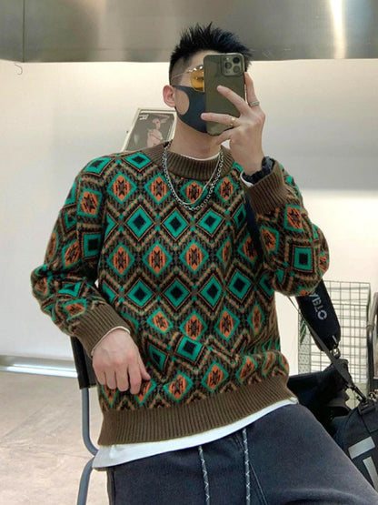 Man Clothes Graphic Crewneck Knitted Sweaters for Men Round Collar Argyle