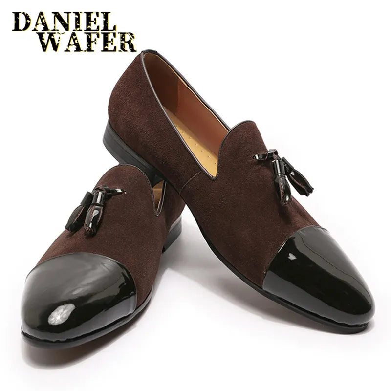 Luxury Loafers Elegant Mens Dress Wedding Office Shoes Suede Patchwork Patent