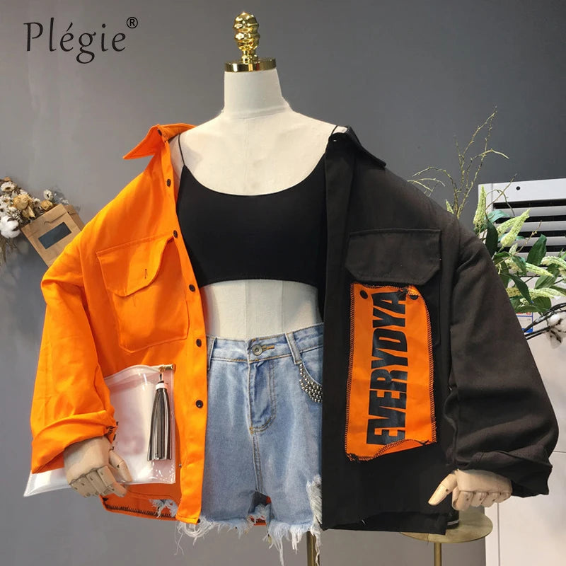 Plegie Harajuku Oversize Patchwork hooded Jacket Women Hip Hop Streetwear Loose