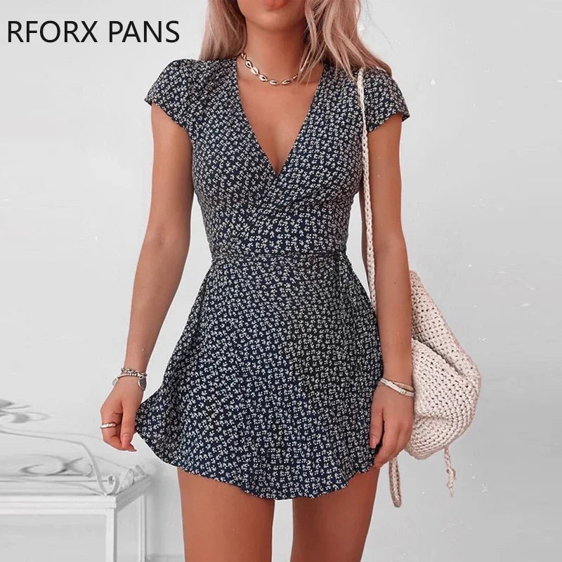 Women V-Neck Floral  Short Sleeve Mini Dress  Elegant Bodycon Sexy Casual  Dress