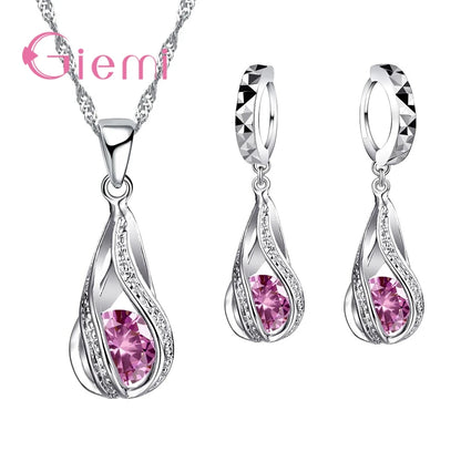 100% 925 Sterling Silver New Water Drop Cubic Zircon Pendant Necklace&Earrings