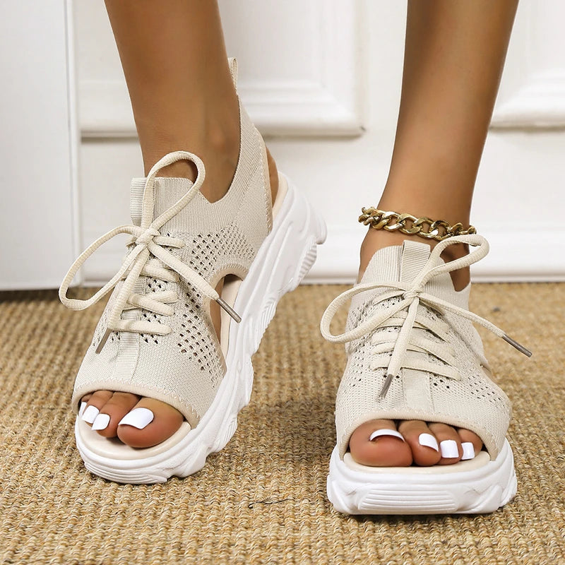 Women White Thick-Soled Lace-Up Sandal Open Toe Beach Shoes