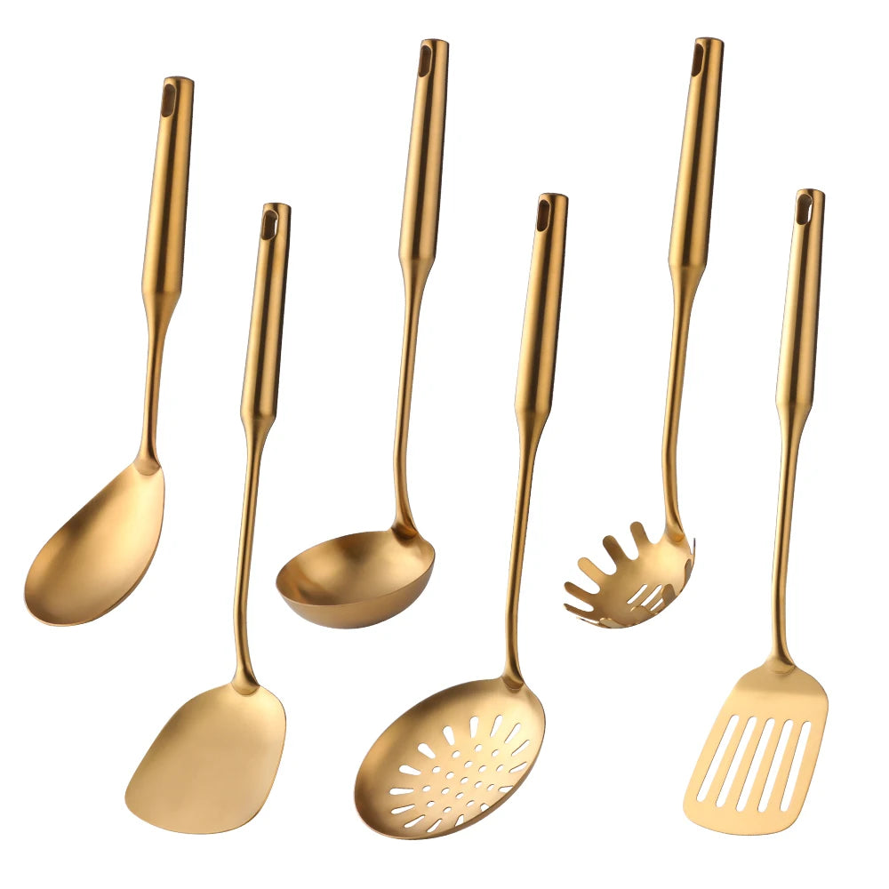 1-10pcs Stainless Steel CookwarLong Handle Set Gold Cooking Utensils Scoop Spoon