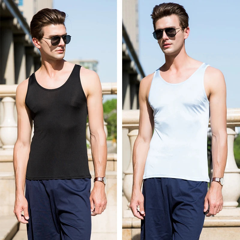 Men Tank Tops 100%Real Silk Solid Tanks for Men O Neck Vest