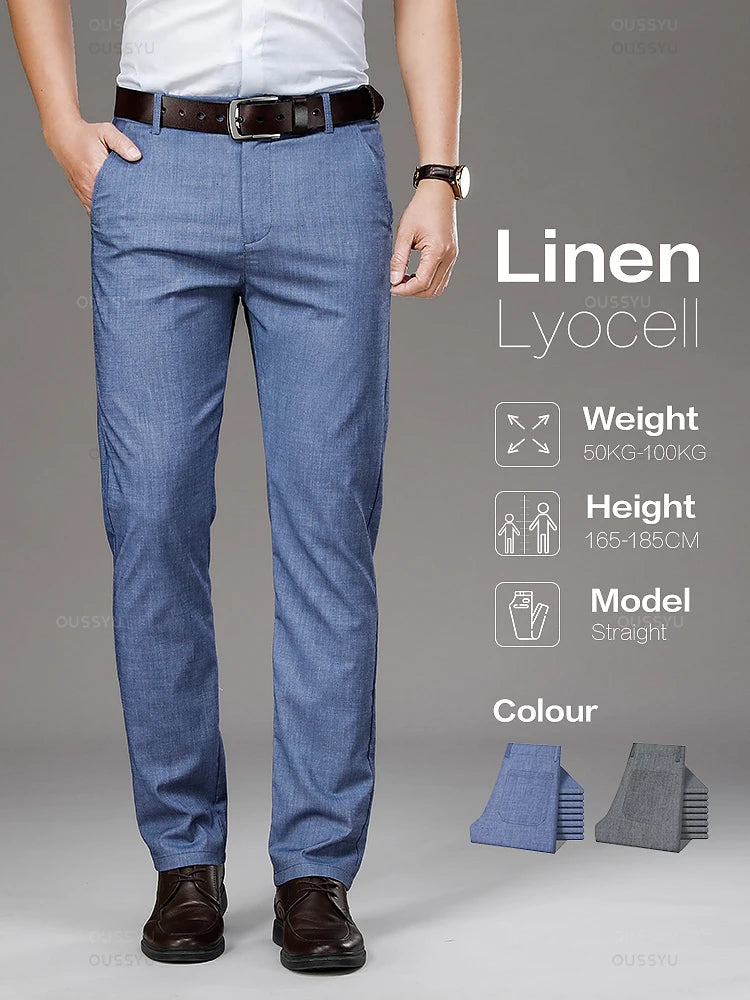 Summer Thin Soft Lyocell Breathable Linen Fabric Suit Pants Men Straight